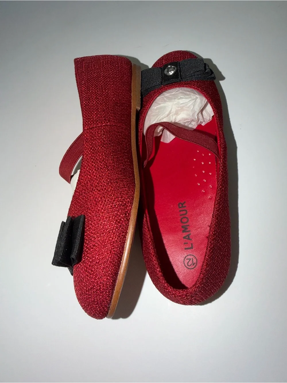 NWT L'Amour Red Linen Bow Mary Jane Flats Girls Size 12 | Christmas Holiday